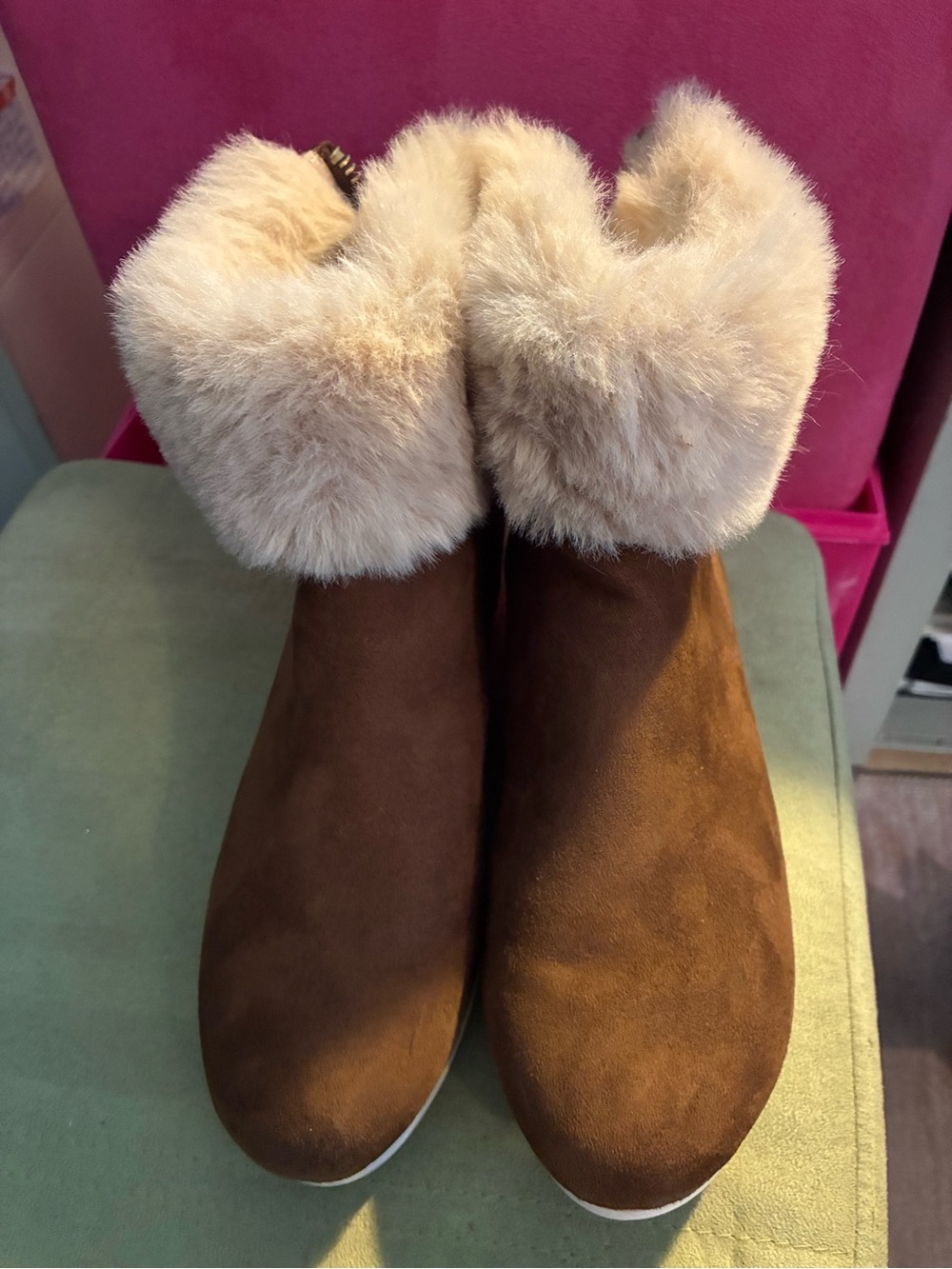 DKNY Brown Suede Ankle Booties with Cream Faux Fur Cuffs